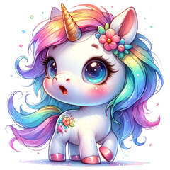 Cute unicorn, bright and soft watercolor style. Illustration on a transparent background.