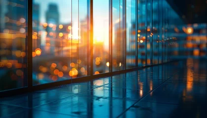 Deurstickers A city skyline with a bright sun shining through the windows by AI generated image © chartchai