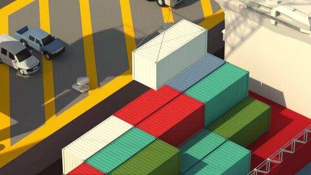 Truck deliver container, crane upload goods to cargo vessel 4k Isometric Animation