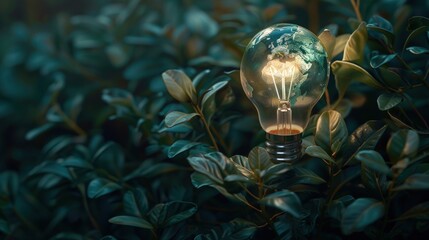 Green planet earth inside light bulb on dark background. Generate AI image
