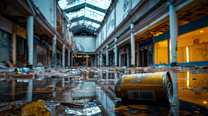 Deserted shopping centre mall trash debris– decline in retail crisis, economic downturn