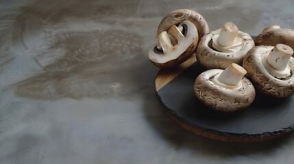 Raw Portobello mushrooms on black ceramic plate and wood cut board on concrete baclground Bannner with copy space : Generative AI