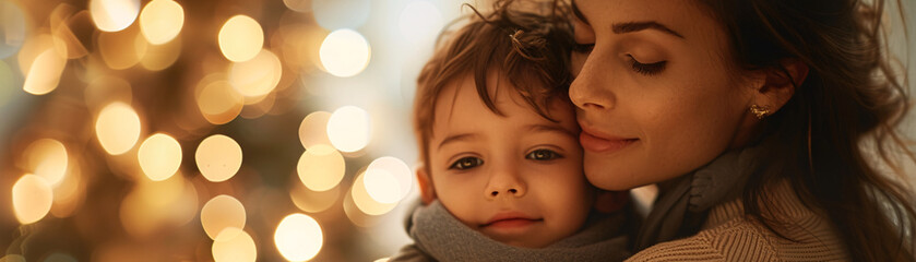 A tender moment of a mother embracing her children, their faces illuminated by the soft glow of holiday lights. The close-up captures their smiles and the twinkling lights reflecting in their eyes.