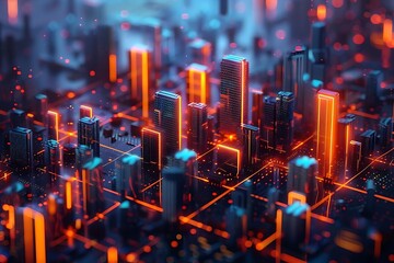 A 3D render of abstract glowing neon cityscape, futuristic financial concept