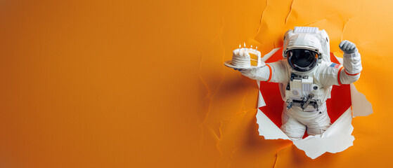 A saluting astronaut with a birthday cake gives a respectful gesture through a bold orange paper tear backdrop