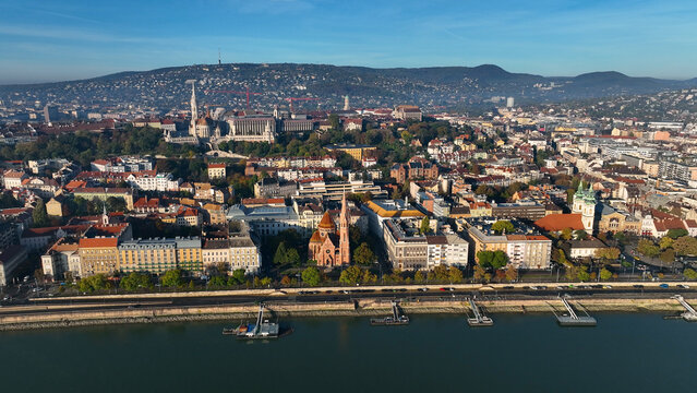 Morning light, Establishing Aerial View Shot of Budapest, Hungary