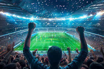A large soccer stadium filled with cheering fans, with the camera focused on one of them holding up their hands in celebration as they watch an epic goal  - obrazy, fototapety, plakaty