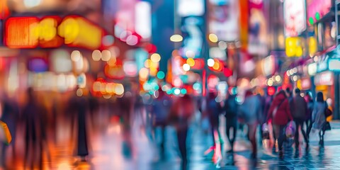 An urban landscape blurred with colorful lights and unfocused silhouettes of people bustling around city streets