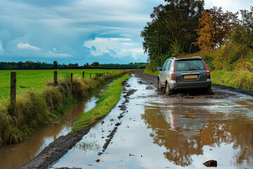 Fototapeta premium Car flood water, countryside, submerged: natural disaster: adversity environmental risk