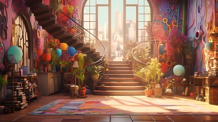 a scene where AI-generated painters collaborate to transform a house into a mesmerizing fusion of...