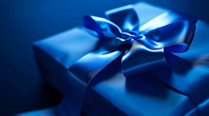 Part of Luxury gift box with a blue bow on blue side view monochrome Fathers day or Valentines day gift for him Corporate gift concept or birthday party Festive sale wide banner : Generative AI