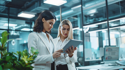 Two female professional bankers are watching condition currency on Exchange via touch pad while are standing in office interior near copy space Women successful economists are using di : Generative AI - Powered by Adobe