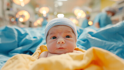 Newborn Caucasian baby in delivery room. Closeup baby face in labor room background. Healthy adorable infant in hospital clinic. Child birth.