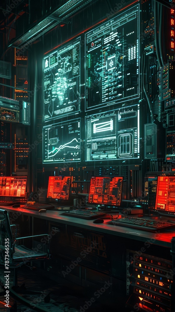 Poster A computer lab with four computer monitors on a desk. The monitors are glowing red and the room is dimly lit. Scene is intense and focused