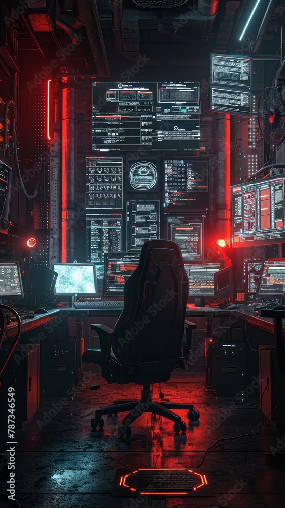 Aufkleber A man sits in front of a computer monitor in a room with a lot of computer monitors. The room is dimly lit and has a futuristic feel to it. The man is focused on his work