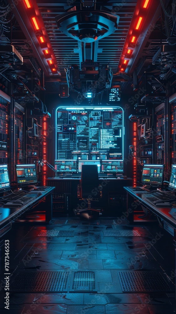 Poster A futuristic room with a large computer monitor and several other monitors. The room is dimly lit and has a futuristic feel to it