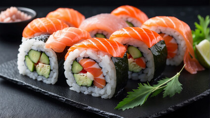 sushi rolls with salmon and shrimp on black table