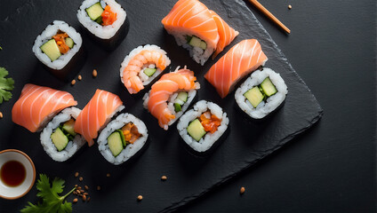 sushi rolls with salmon and shrimp on black table