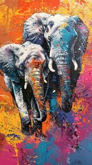 An abstract painting class with elephants using their trunks to splash vibrant hues on canvas