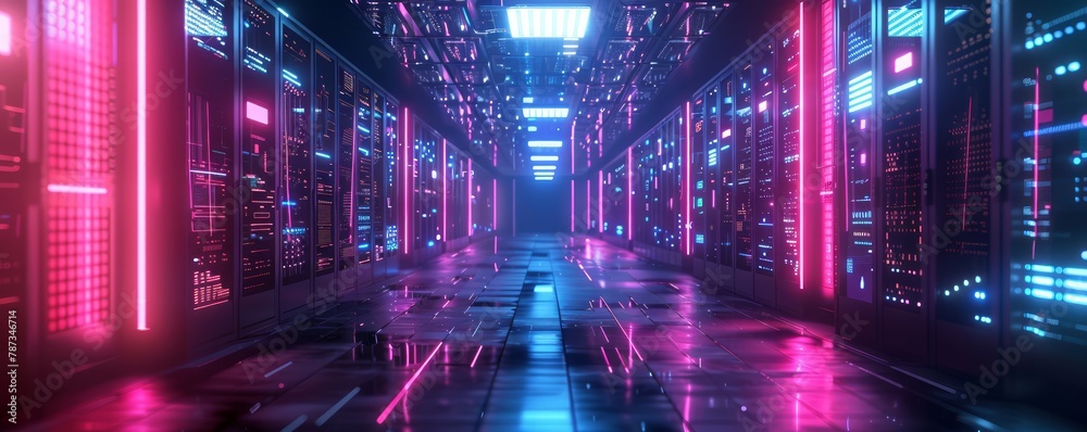 Poster A neon pink and blue computer room with many computers. The room is very bright and colorful. The computers are all lined up in rows, and the walls are covered in neon lights