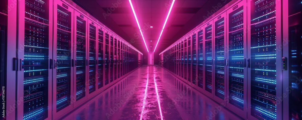 Poster a long hallway with many computer servers. the servers are lit up in a neon pink color