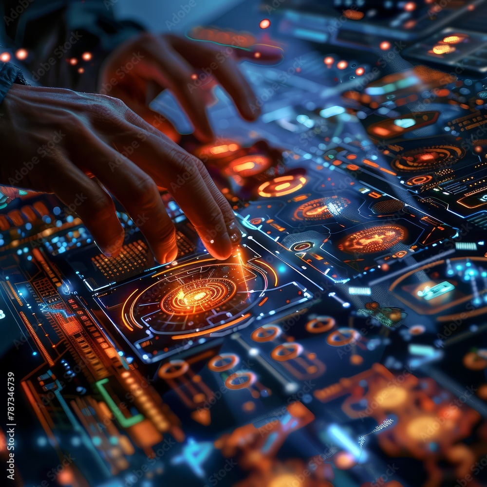 Poster A person is typing on a computer keyboard with a glowing screen in the background. Concept of technology and modernity, as well as the idea of communication and productivity