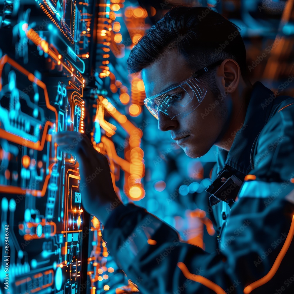 Aufkleber A man wearing goggles is looking at a computer monitor with a blue and orange background. He is focused on the screen, possibly working on a project or troubleshooting a problem