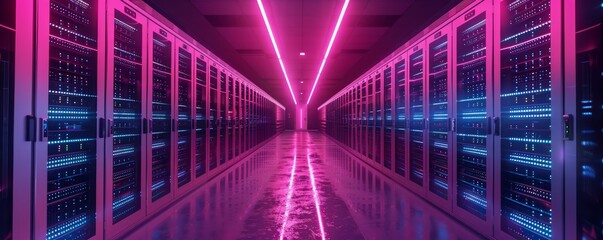 Fototapeta premium A long hallway with many computer servers. The servers are lit up in a neon pink color