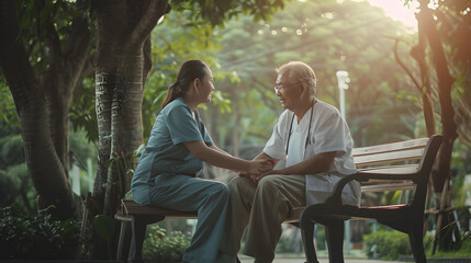 Caring nurse helping senior man sitting on bench in gaden Asian woman caucasian man Holding hands with copy space Web banner frame : Generative AI - Powered by Adobe