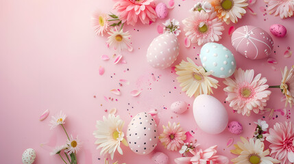 Fototapeta na wymiar Easter egg shape concept with decorated eggs and flowers on pastel pink background Spring and Easter abstract design Top view copy space : Generative AI