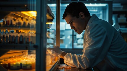 A man in a lab coat is looking at a shelf full of bottles. The bottles are labeled with numbers and letters. The man is wearing gloves and he is focused on his work - obrazy, fototapety, plakaty