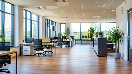 Elegant and Modern Business Office Space with Glass Walls, Stylish Furniture, and Indoor Plants