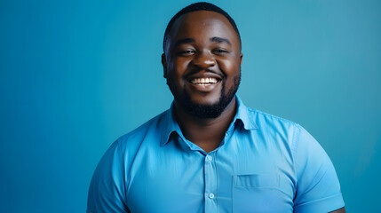 Fototapeta premium Portrait of smiling black man wearing blue shirt on vibrant blue background and looking at camera copy space : Generative AI