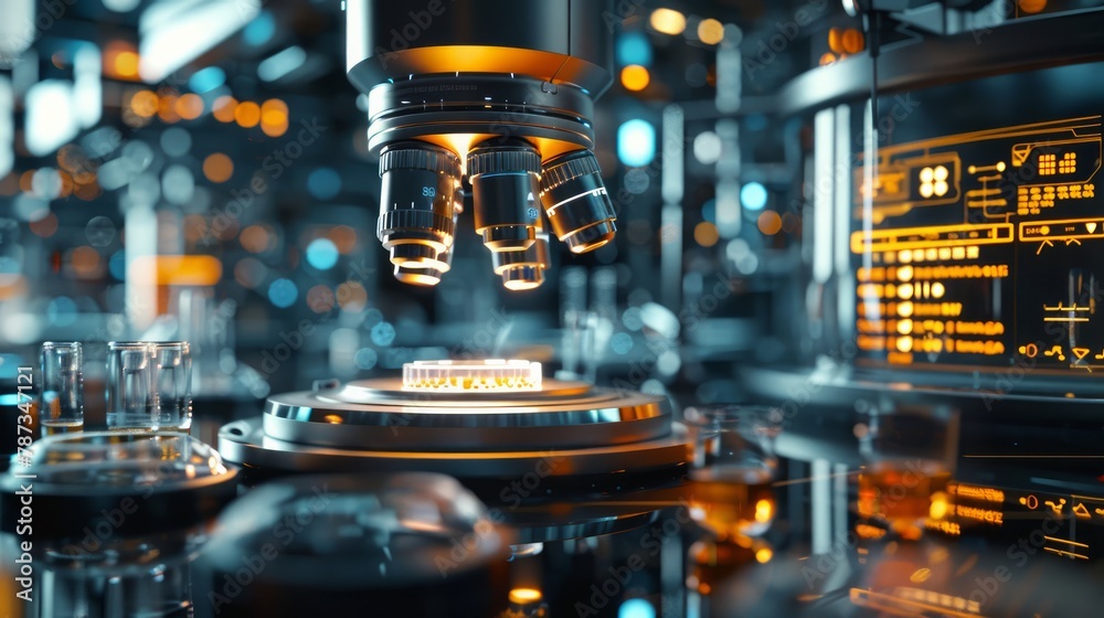 Poster A lab with a microscope and a glowing object in the middle. The lab is filled with various glassware and equipment, giving off a futuristic and scientific vibe