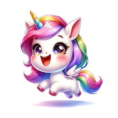 Fototapeta premium Cute unicorn, bright and soft watercolor style. Illustration on a transparent background.
