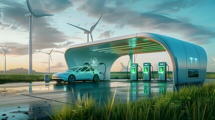 Green hydrogen gas production at wind farm. Sustainable renewable energy. Electric car filling H2 at hydrogen fueling station. H2 Fuel cell vehicle. Net zero emission. Future energy. Green technology