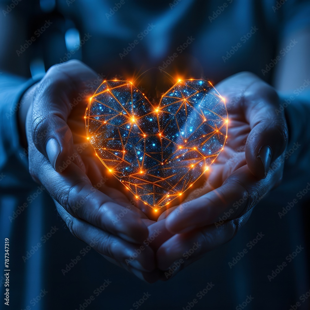 Poster A person is holding a heart made of light. The heart is surrounded by a network of lines, giving it a futuristic and abstract appearance. Concept of wonder and awe