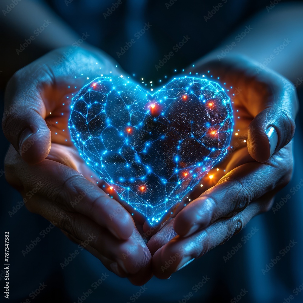Poster a person is holding a heart made of light and blue. the heart is surrounded by a network of lights, 