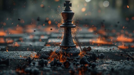 Illustration of chess pieces on fire with particles - obrazy, fototapety, plakaty
