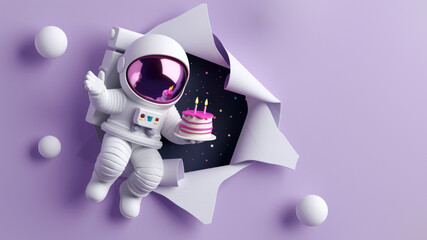 An astronaut with a spacesuit appears through a tear in purple space, holding a flaming birthday cake ready for a zero-gravity party