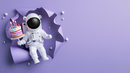 An astronaut breaking through paper in a space-themed celebration showcases a birthday cake and buoyancy