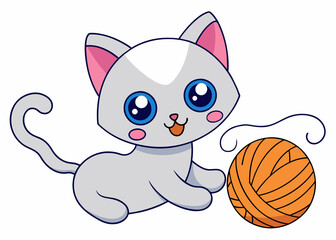 Obraz premium Cute cartoon cat playing with ball of yarn