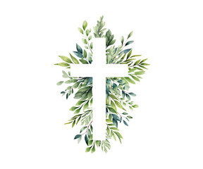 Eucalyptus botanical greenery and cross. Christening. Holy Spirit. Christian cross and green leaves for church, calendars, holiday cards, invitations, baptism. Easter catholic religious symbol