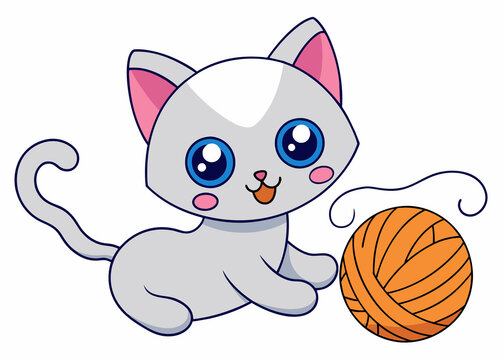 Cute cartoon cat playing with ball of yarn