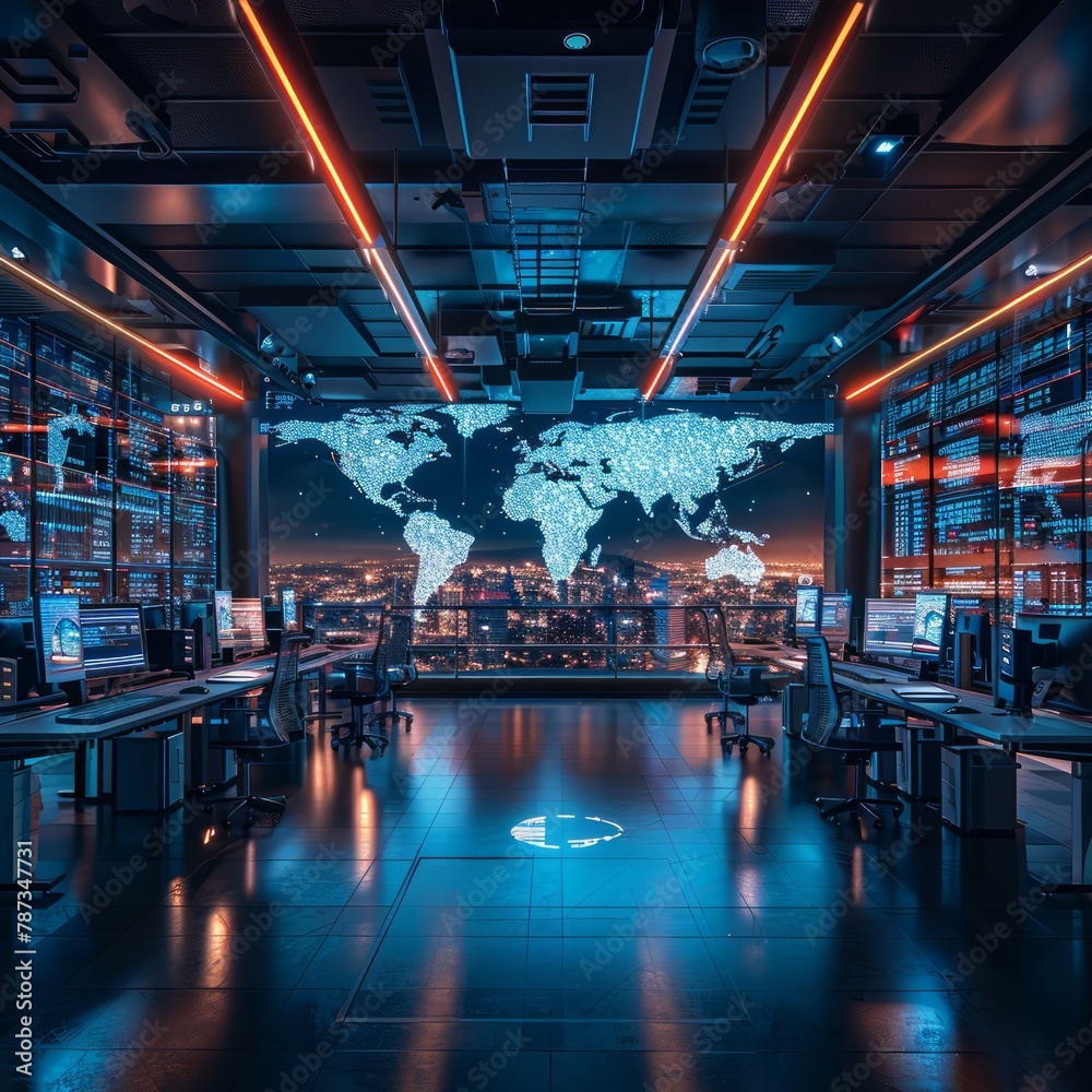 Poster A large room with a projection of a world map on the wall. The room is filled with computers and chairs
