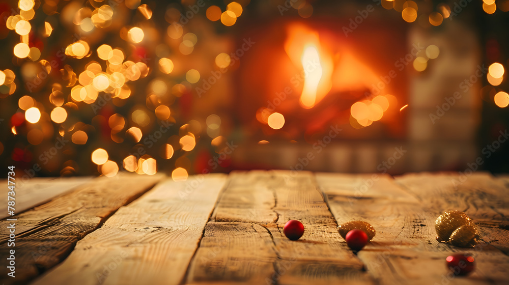 Poster empty wooden table on christmas background with fireplace copy space : generative ai
