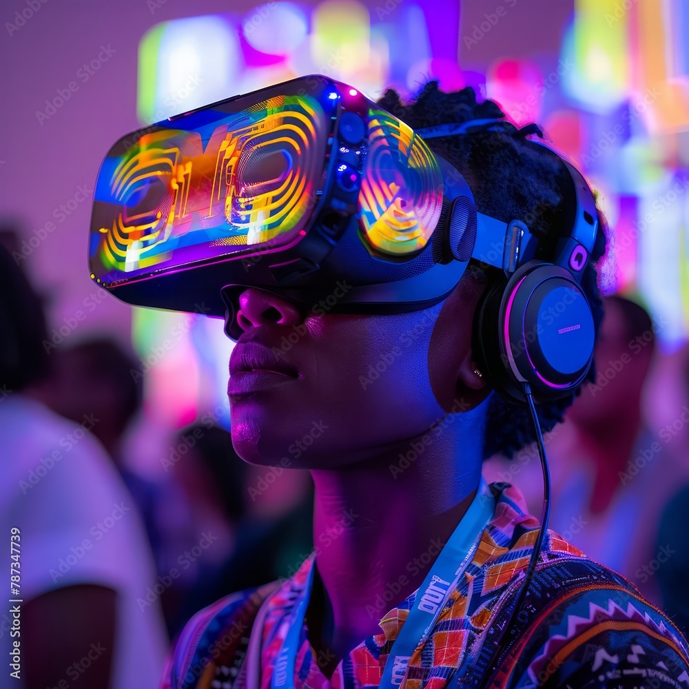 Poster a woman wearing a vr headset is looking at a colorful display. the scene is set in a room with a gro