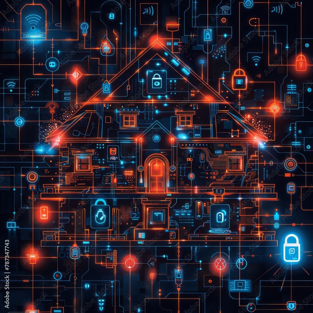 Poster A house is shown in a futuristic style with many electronic devices and wires. The house is surrounded by a network of wires and devices, giving it a futuristic and technological appearance