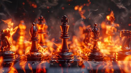 Illustration of chess pieces on fire with particles