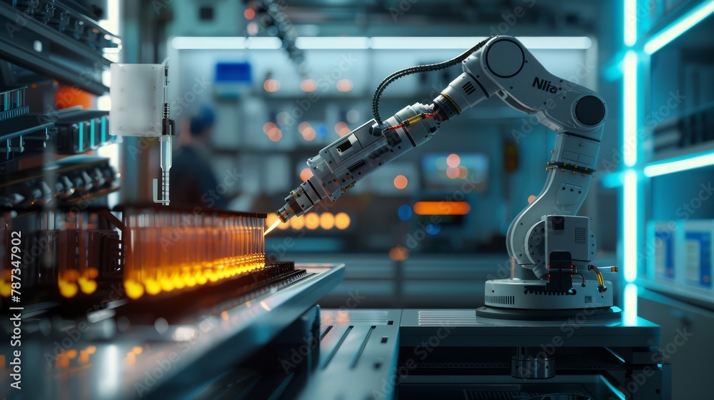 Poster A robot is working in a factory, creating a product. The robot is surrounded by many bottles, and the bottles are of different sizes. The robot is focused on its task